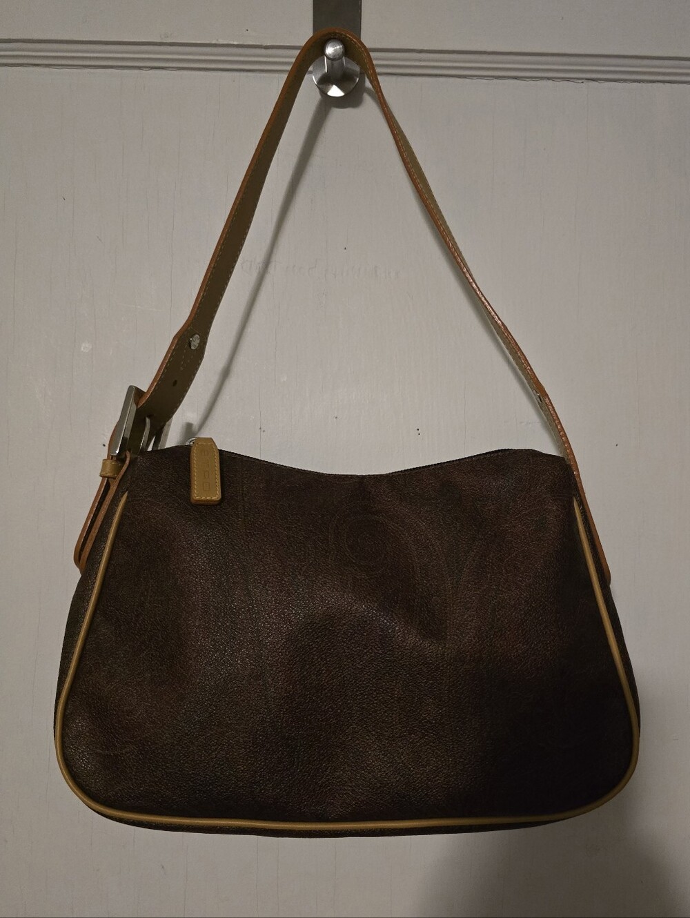 ETRO Brown Paisley Shoulder Bag w/ Tan Vachetta Strap Buckle Accent Zip Closure